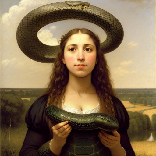 An image in oil painting style of a woman holding a short snake with an ouroboros halo. Generated with stable diffusion.